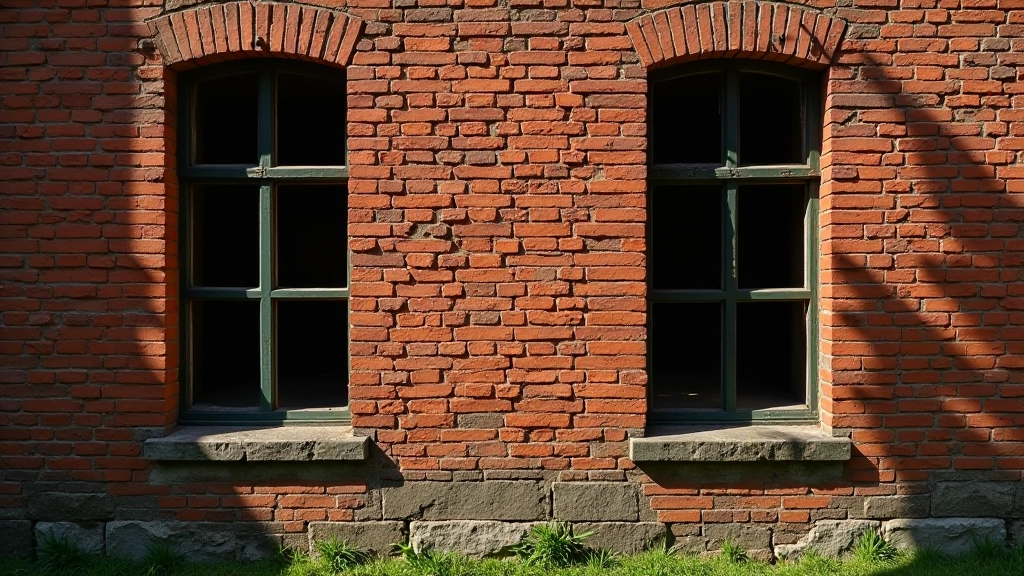 Senosios raudonos plytos fabrikų sienos su išliikusiais langu rėmais ir žaliu samanu