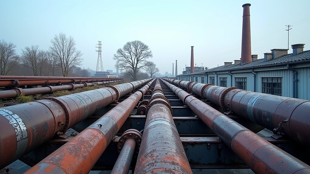 Industrialiniai vamzdžiai, metalinės sijos ir konstrukciniai elementai ant fabrikų stogo