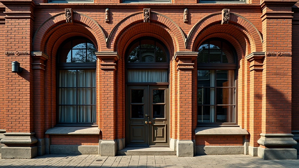 Grąžūs architektūriniai arkos ir langų rėmai senam fabrikų pastate, dekoratyvinis plytų šablonas