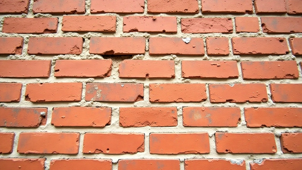 Artimas plytų sienelės fragmentas su įvairių atspalvių raudona ir rudą plyta, ryški natūrali šviesa